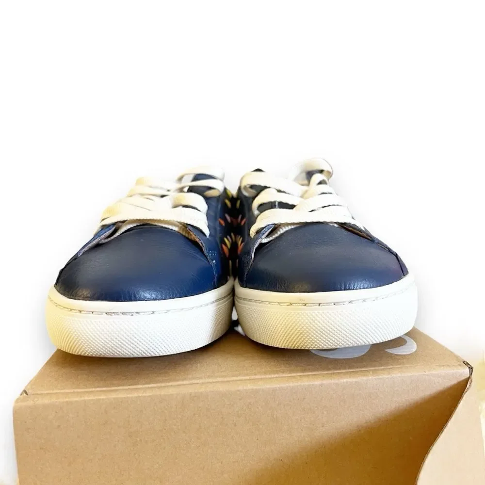 Soludos Queen Of Hearts Genuine Leather Embroidered Ibiza Sneakers, Blue Size 10